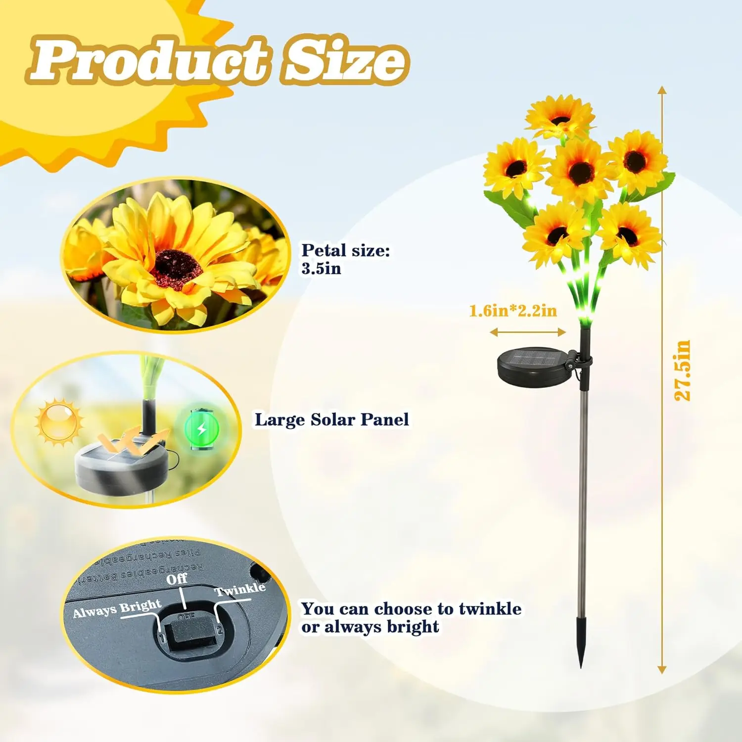 Solar-Powered Sunflower Lights with Flashing & Steady Modes - Waterproof Decorative Garden Lights