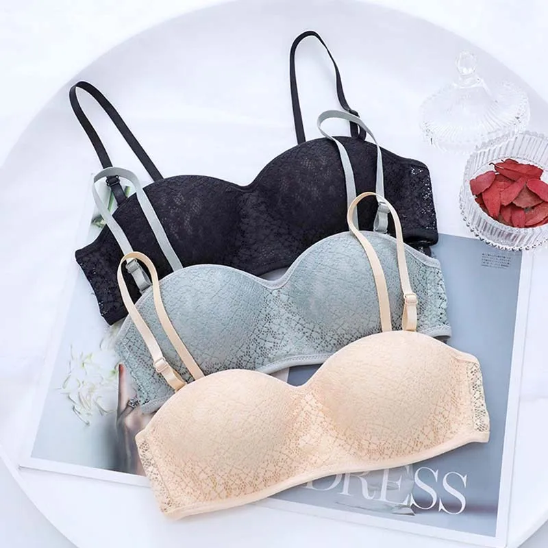 Roseheart New Sexy Women Gray Skin Wireless Lace Bow Padded Bras Push Up Female Bras Bralette Cup A B Underwear Invisible