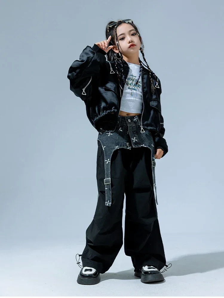 Jazz Street Dance Wear Ballroom Hip Hop Stage Costumes Children is Jazz Dance Performance Clothing Girls Denim Waistband Suit