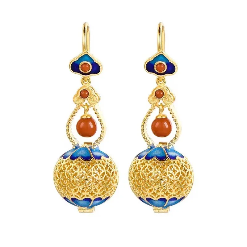 Chinese Style Vintage Copper Gilding Gourd Filigree Enamel Craftsmanship Hook Earrings for Women Party Cheongsam Girlfriend Gift