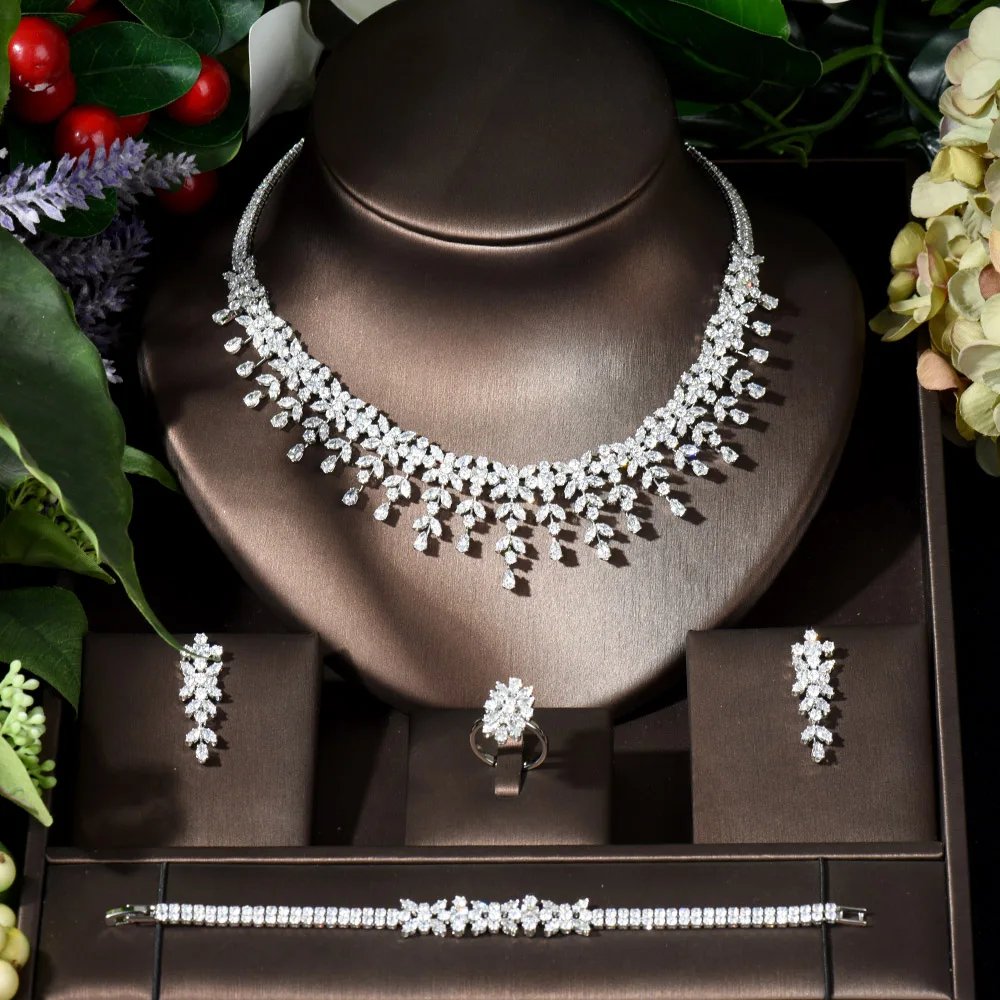 

Fashion Latest Bridal Wedding Jewelry Sets High Quality Leaf Round Design Women Anniversary 4pc Necklace and Earring Sets N-363