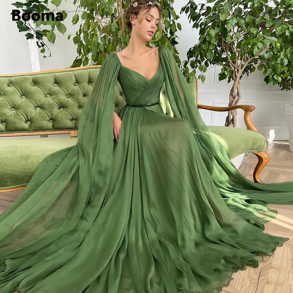 

Booma Olive Green Chiffon Prom Dresses Long Cape Sleeves V-Neck Pleated High Slit A-Line Evening Gowns Formal Party Dresses