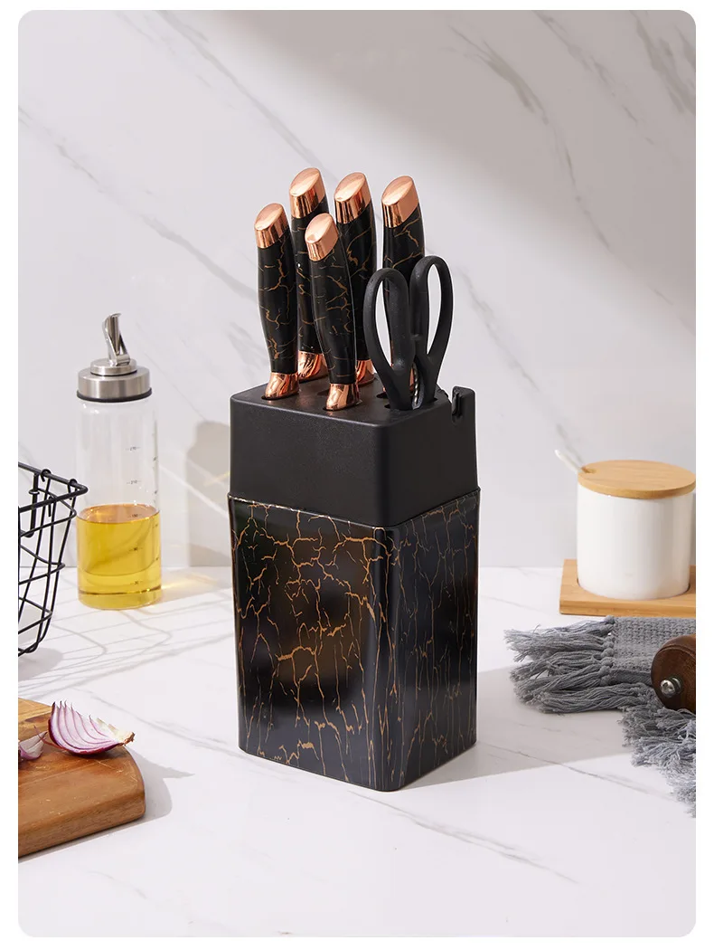 7pcs Kitchen Knife Sets Stainless Steel Chef Knife Bread Knife Marble Textured Handle Sets Tool Holder with Grinding Stone