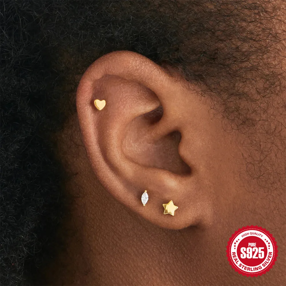 AIDE 샤이니 하트 지르콘 귀걸이 세트, 여성용 쥬얼리 귀 본 피어싱 이어 스터드, 3mm, 4mm, 5mm 브린코, 3 개
