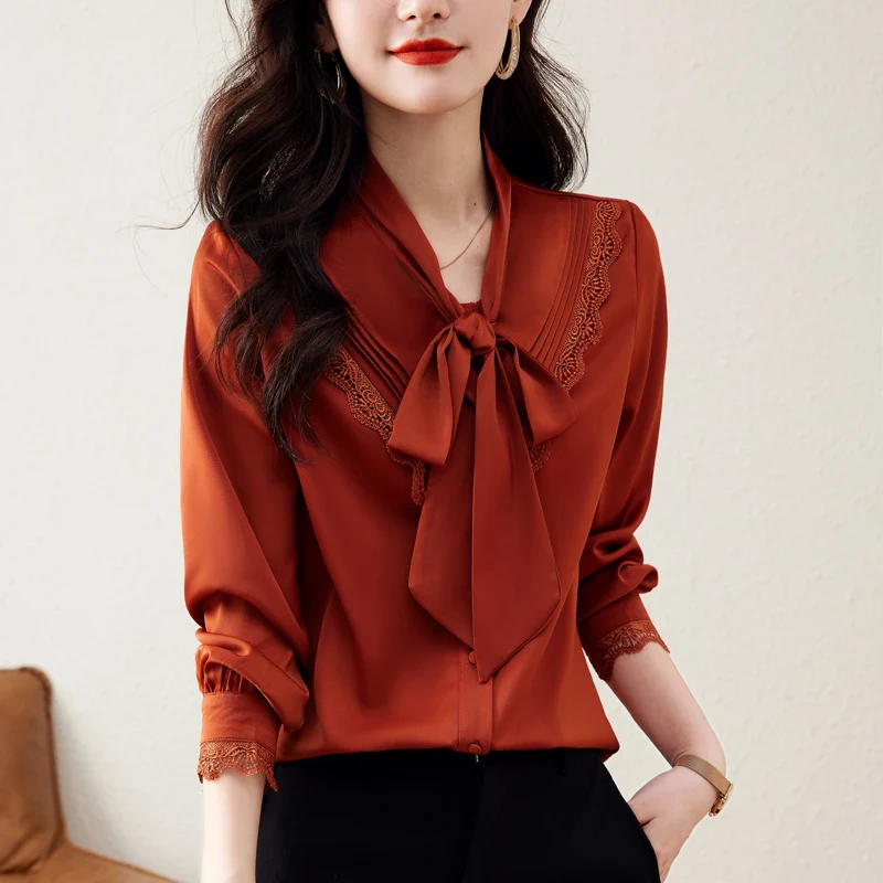 

Новинка весна-осень 2023 женская рубашка с бантом модная и модная Свободная рубашка с длинным рукавом