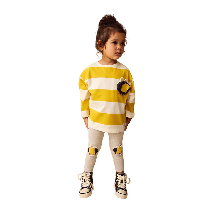 Biene-Applikation, 2–7 Jahre, langärmelig, Mädchen-Kleidungssets, Kinderanzüge, 2-teiliges Oberteil + Leggings, Babykostüm, Herbst, Frühling, Kinder-Outfits