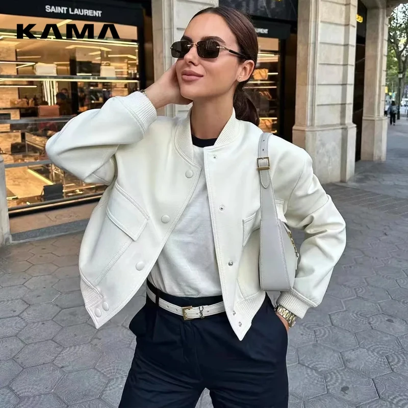 

KAMA Woman Bomber Jacket Coat White Autumn Winter Button Baseball Aviator Cropped Jackets for Women Long Sleeve Crop Outerwear