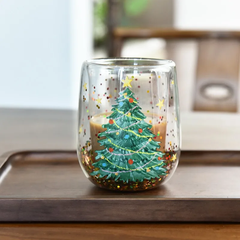 New Christmas Tree Cup with Heat-resistant and Non Scalding Double-layer Flowing Sequins  Cartoon  Double  Cute  Design