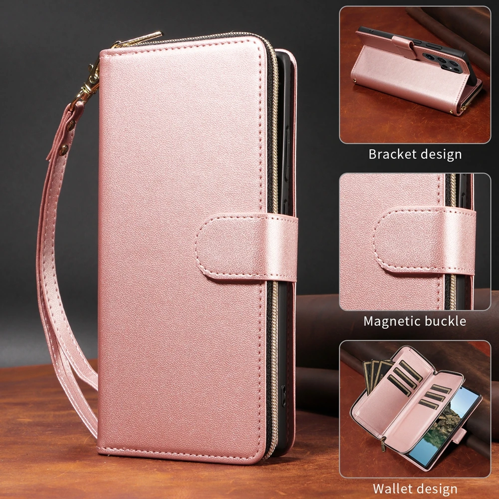 Zipper Wallet Leather Flip Case with Kickstand and Lanyard Phone Cover