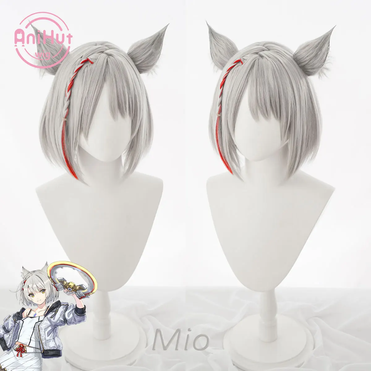 

【AniHut】Mio Short Gray Cosplay Wig with Ears Game Xenoblade Chronicles 3 Synthetic Hair Mio Cosplay