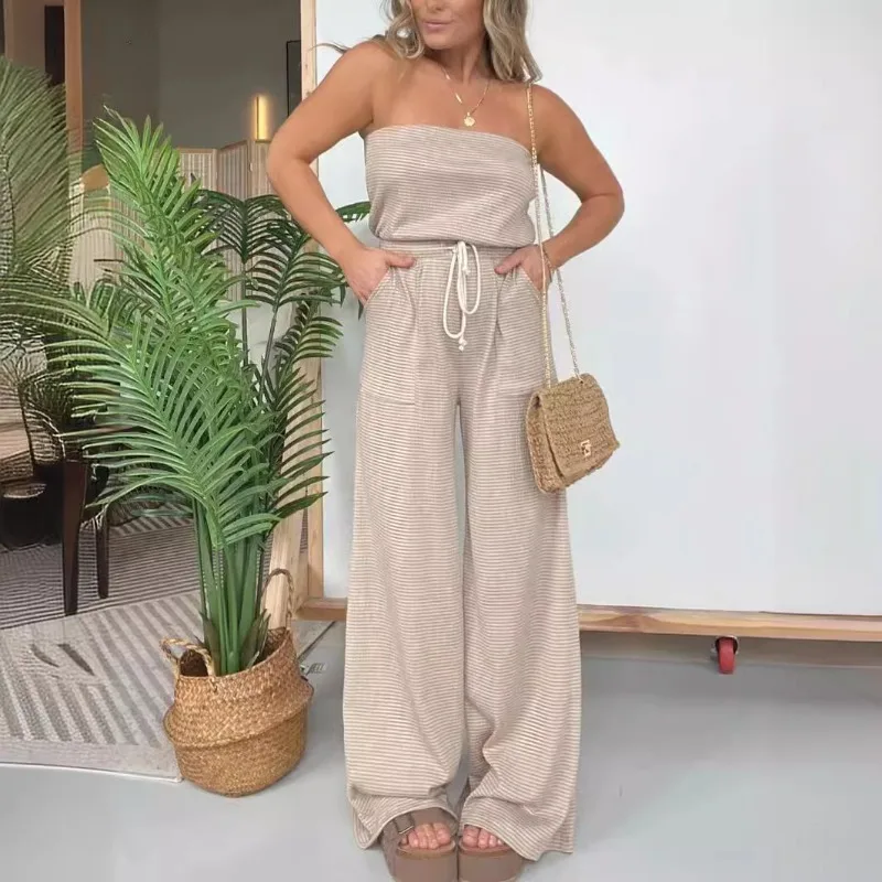 Personalized Street Women's Striped Bandeau Casual Wide Leg Jumpsuit Temperament 2024 Summer Female Fashion High Waist Jumpsuits
