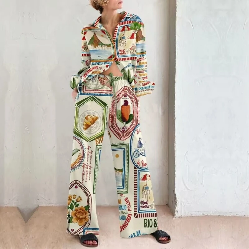 

Dashiki African Women's Print Loose Pants Set Casual Single Breasted Turn-down Collar Long Sleeves T-shirts Wide Leg Trousers