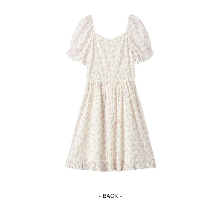 Ruffled Hem Chiffon Mini Skirt Women Floral Print Short Dress New Square Neck Waist-drawing Romantic Dress