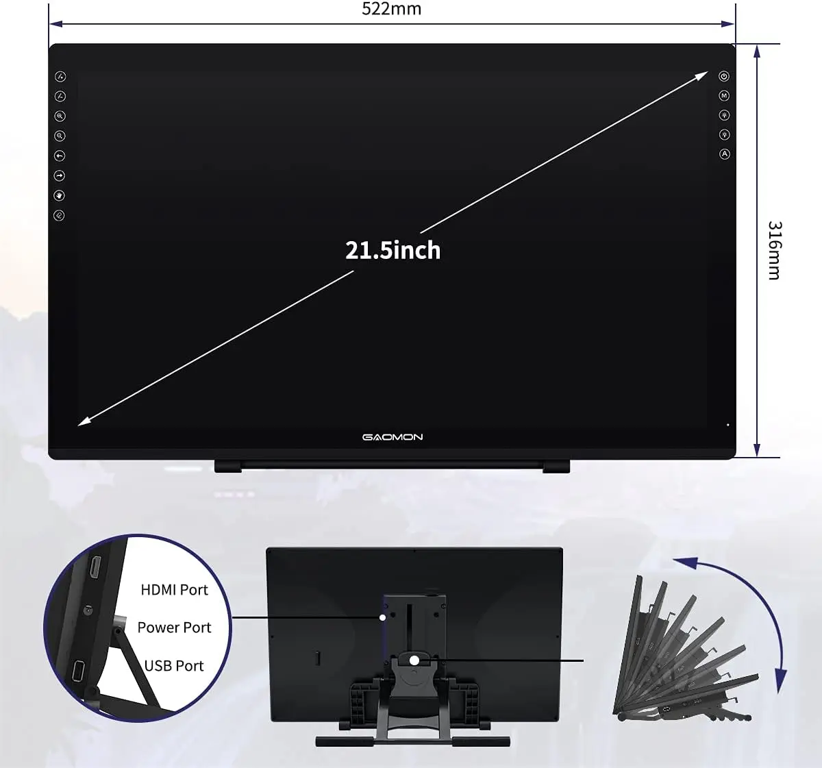 GAOMON PD2200-21.5 Inch Digital Tablet Anti-Glare Full Lamination Screen Display with 8 Touch Keys Support ±60° Tilt Function 3