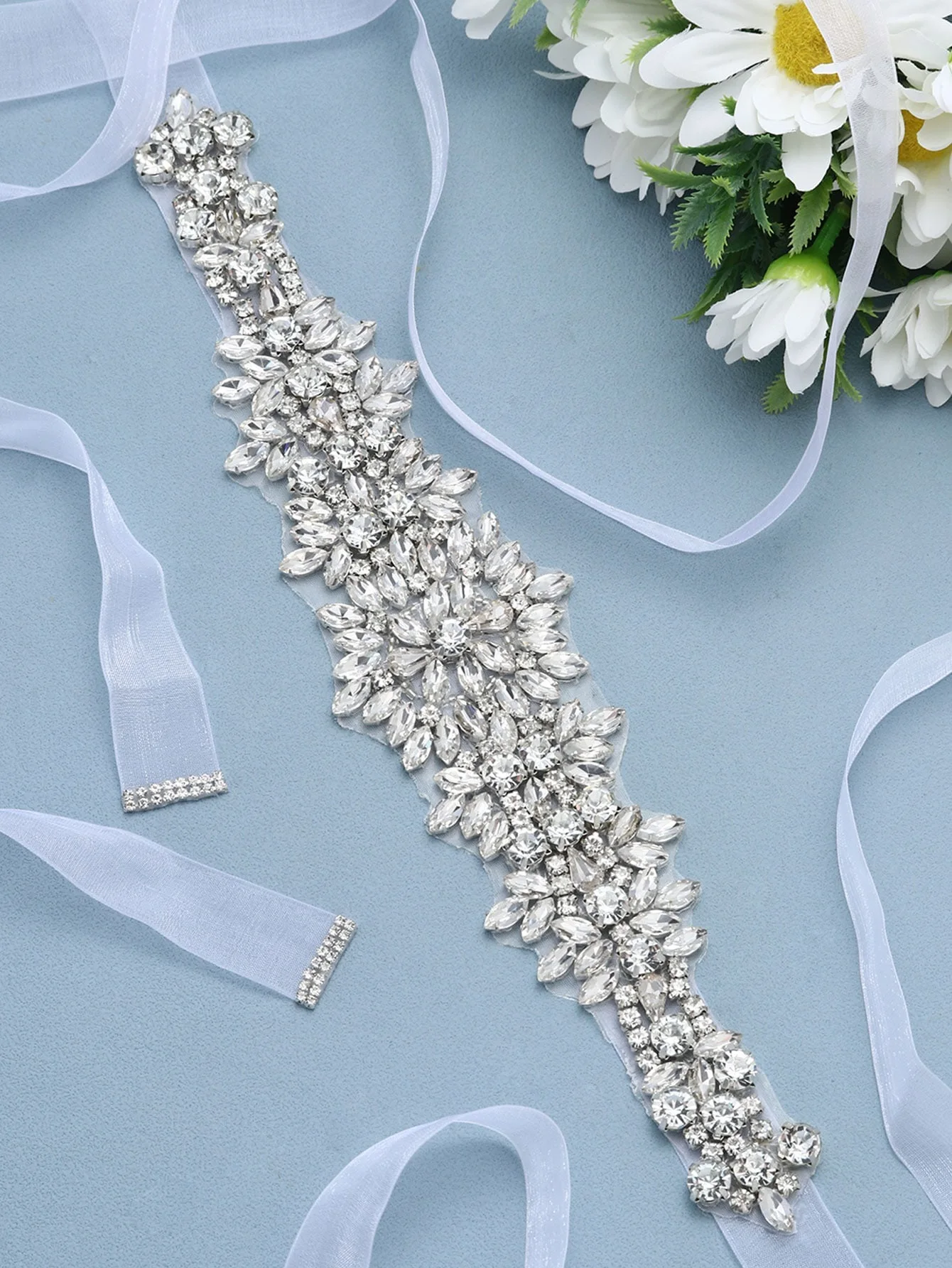 1pcwomenssilveralloysatinribbondiamondappliquebridalbelt
