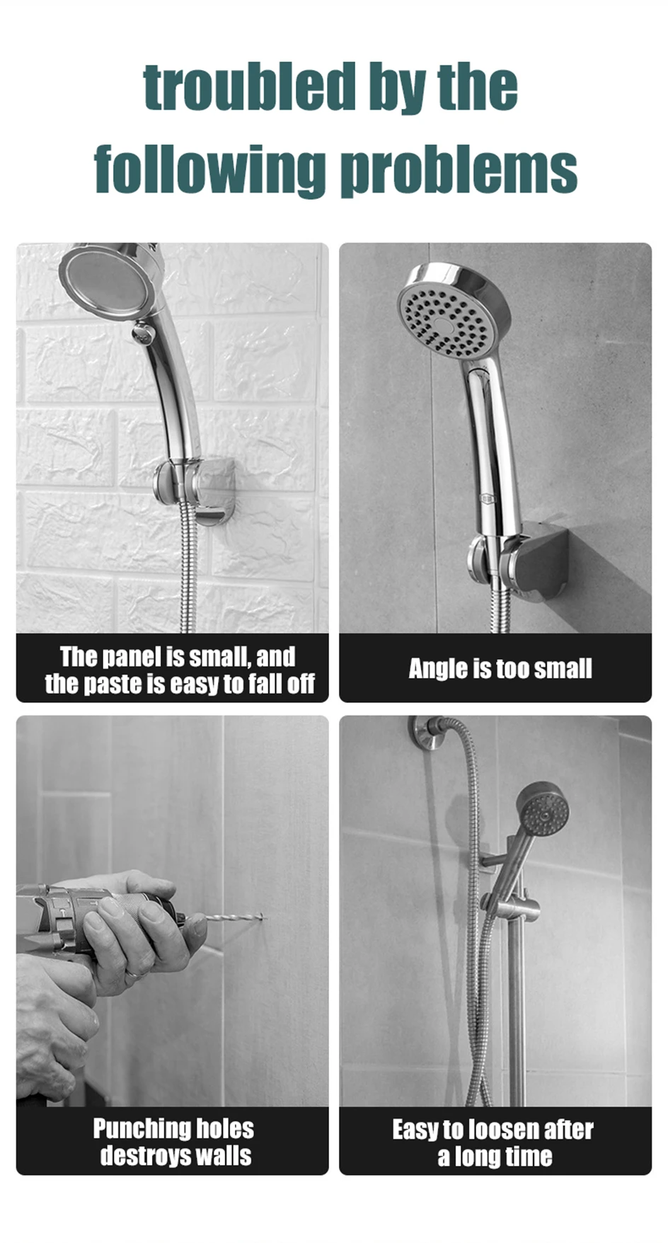 Description Picture 5 of itemVILOYI Universal Shower Head Holder Adjustable Strong Adhesive ABS Shower Brackets with Hooks Wall Mount Waterproof Shower Base