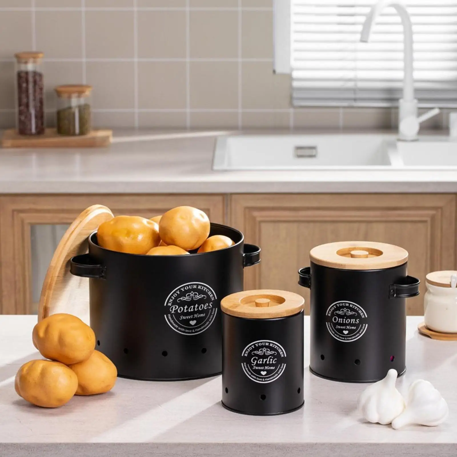 Kitchen Vegetable Storage Tin, with Bamboo Lid and Handle, Fresh Vegetable Keeper ,Farmhouse Containers for Home Farmhouse Kitchen Vegetable Storage Tin, with Bamboo Lid and Handle, Fresh Vegetable Keeper ,Farmhouse Containers for Home Farmhouse