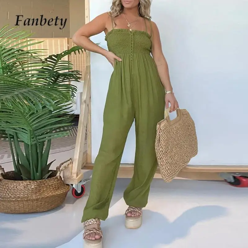 

2024 Summer Ladies Solid Pocket Pencil Pants Romper Casual Pleated Stretch High Waist Playsuits Fashion Sling Tube Top Jumpsuit