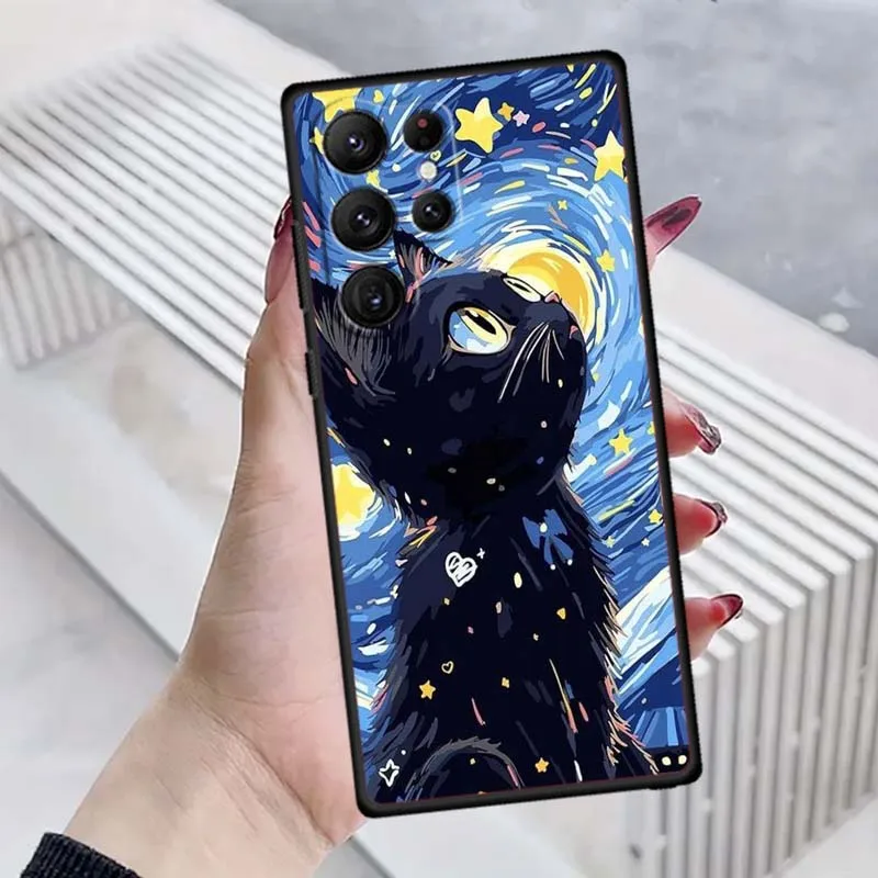 Adorable Cartoon Cat Illustration Black Soft TPU Phone Case
