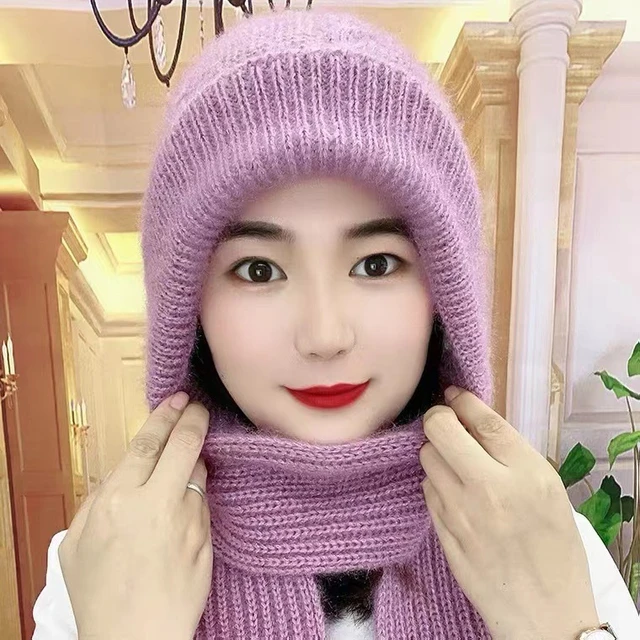 Ensemble de Bonnets pour femme, écharpe chaude, bonnet intégré, tricoté,  hiver - AliExpress