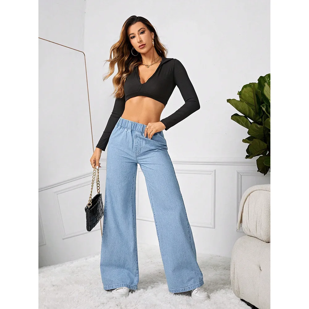 Women’s vintage wide leg distressed elastic waist floor-length denim jeans 256