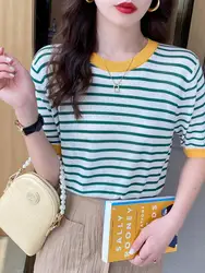 Women's Summer Stripe Print Knitted Round Collar Short Sleeve Casual T-Shirt - One Size (Yellow green stripes)