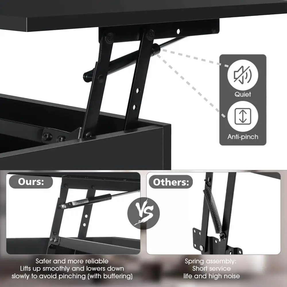 Lift Top Coffee Table with USB Ports LED Lights Storage Drawer Modern Design Rectangular Center Table Adjustable Height Indoor 4
