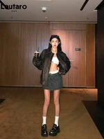 Lautaro Spring Autumn Cool Handsome Retro Oversized Distressed Brown Soft Faux Leather Jackets for Women Zipper Runway Fashion 2