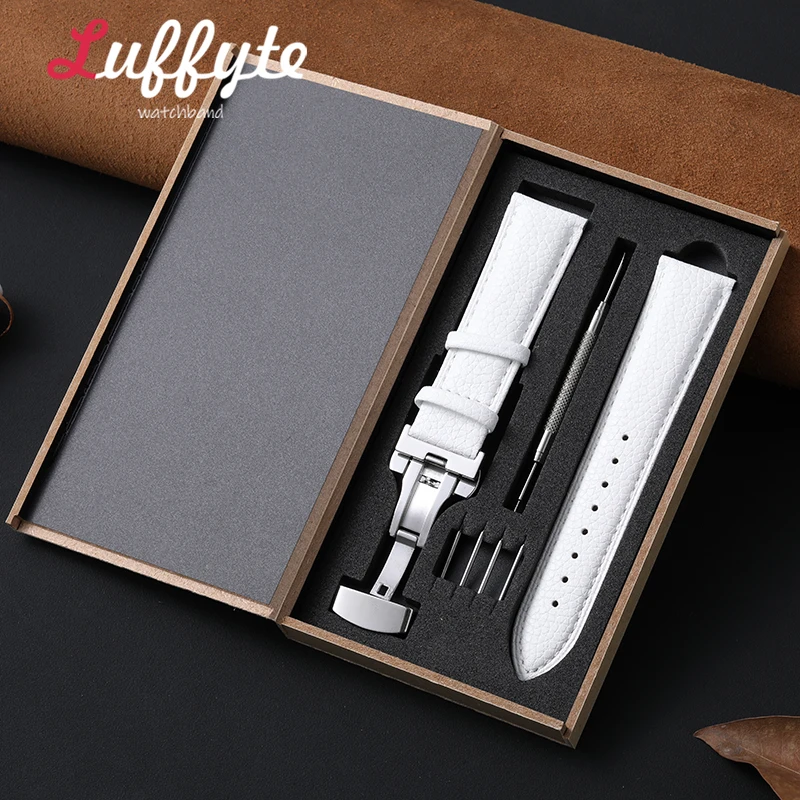 Elegant Lychee Leather Watch Band with Butterfly Buckle - Includes Gift Box