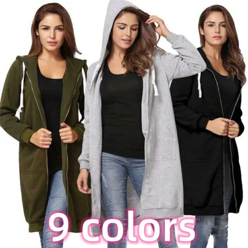 New Women's Fashion Long Sleeve Cardigan Hoodie Coat Casual Zipper Extended Coat Solid Coat Plus Size L-5XL