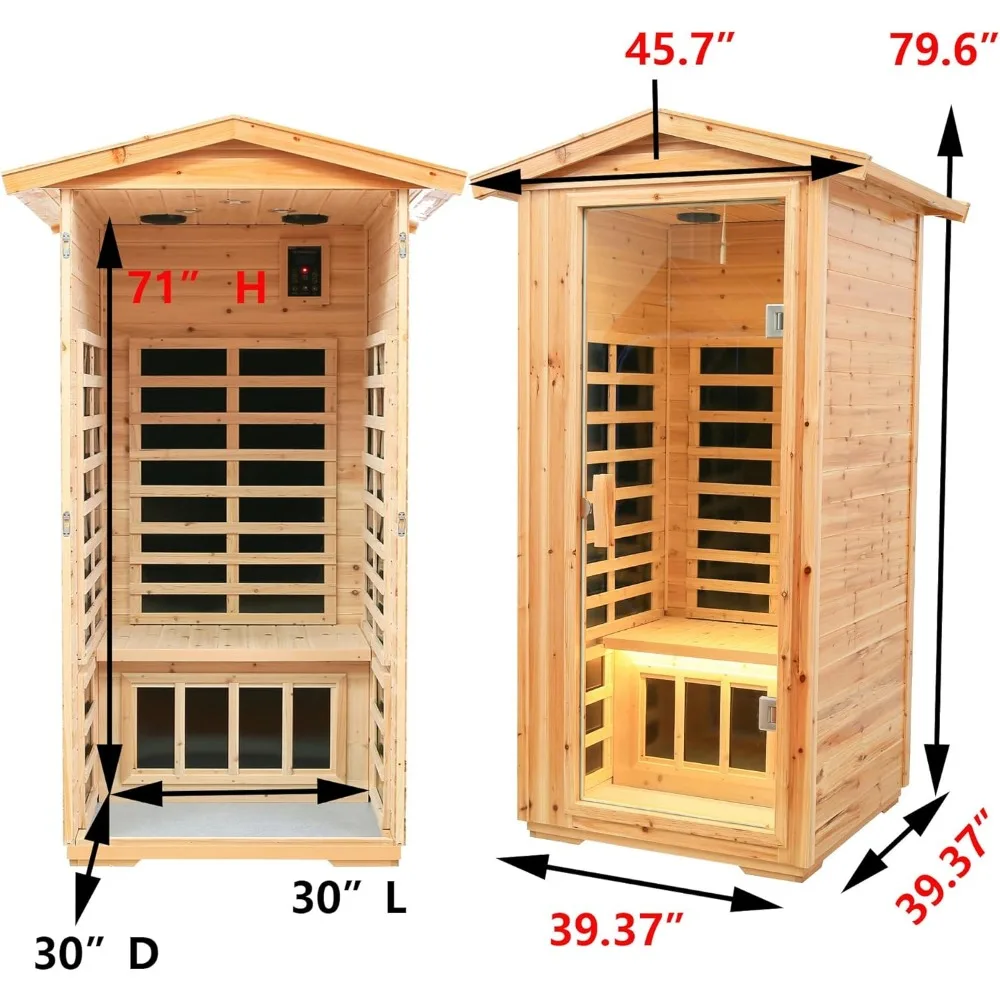 Far Infrared Wooden Outdoor Sauna, 1-Person Size, w/1560W, 6 Low EMF Heaters, 10 Minutes Pre-Warm up, Time and Temp Pre-Set 5