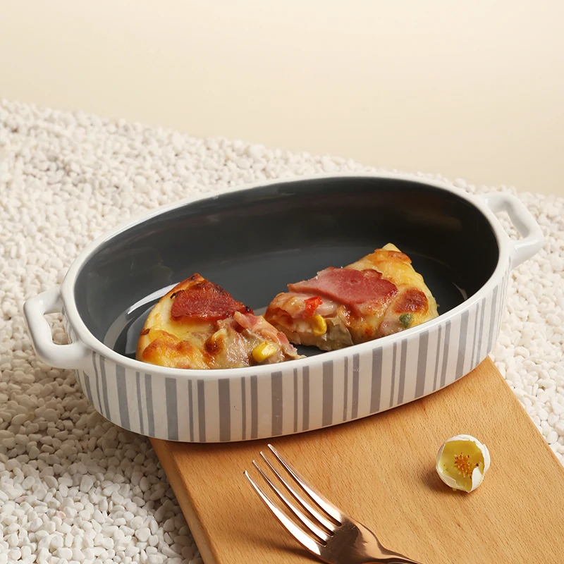 Novelty striped ceramic two-ear baking tray salad plate kitchen utensils dinner plate tableware new young luxury high-end gift