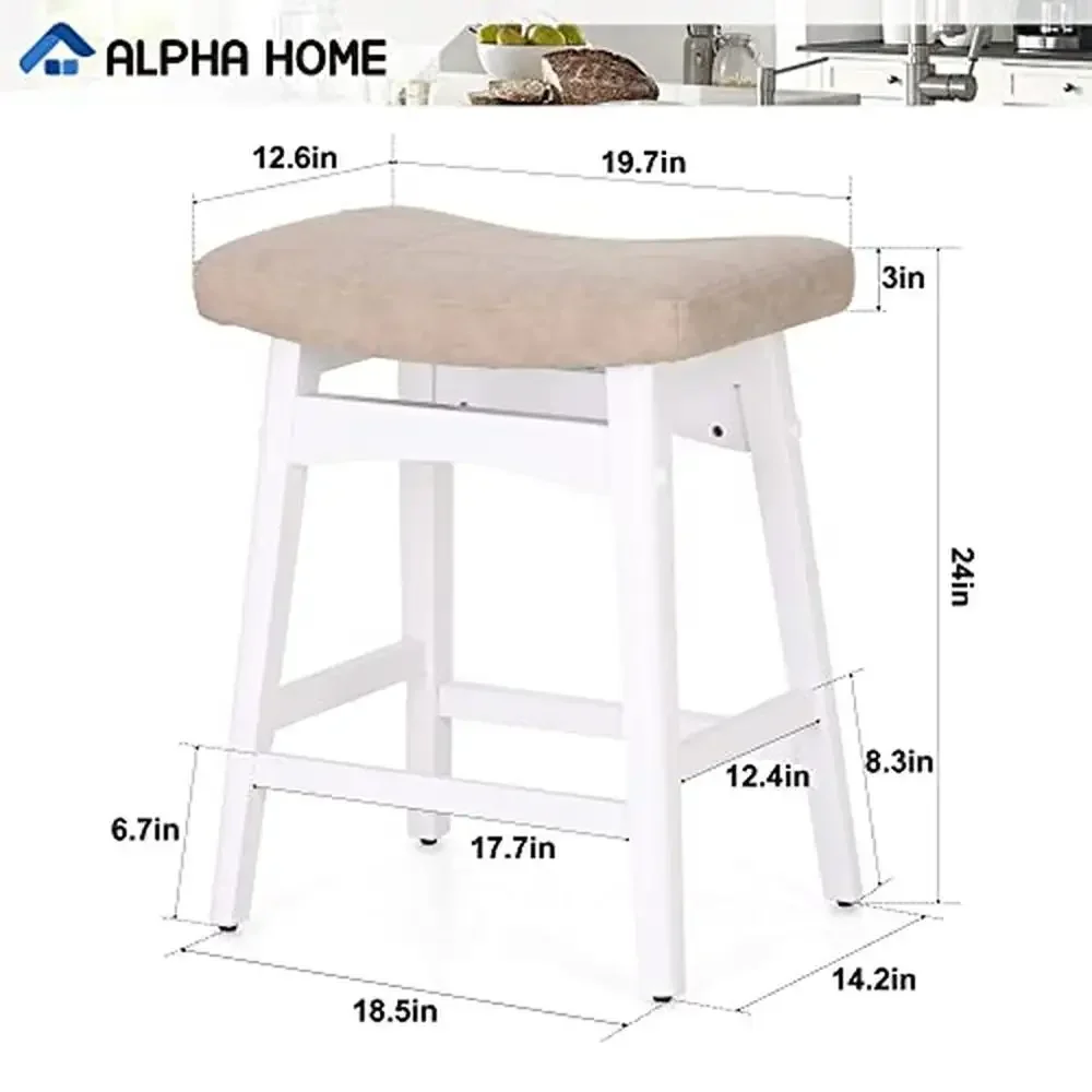 Solid Wood Saddle Kitchen Stools Set of 4 with Beige PU Leather Cushion Counter Height Barstools Wooden Base Comfortable Pub 5