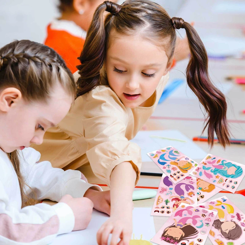 6/12Sheets Little Mermaid DIY Puzzle Stickers Funny Make A Face Assemble Sticker Kids Birthday Party Favors Pinata Filler Toys