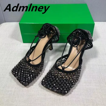 Sexy Crystal High Heel Women Sandals Net Leather Lace Up Party Wedding Shoe Square Toe Rhinestone Desgin Banquet Heels Women 4