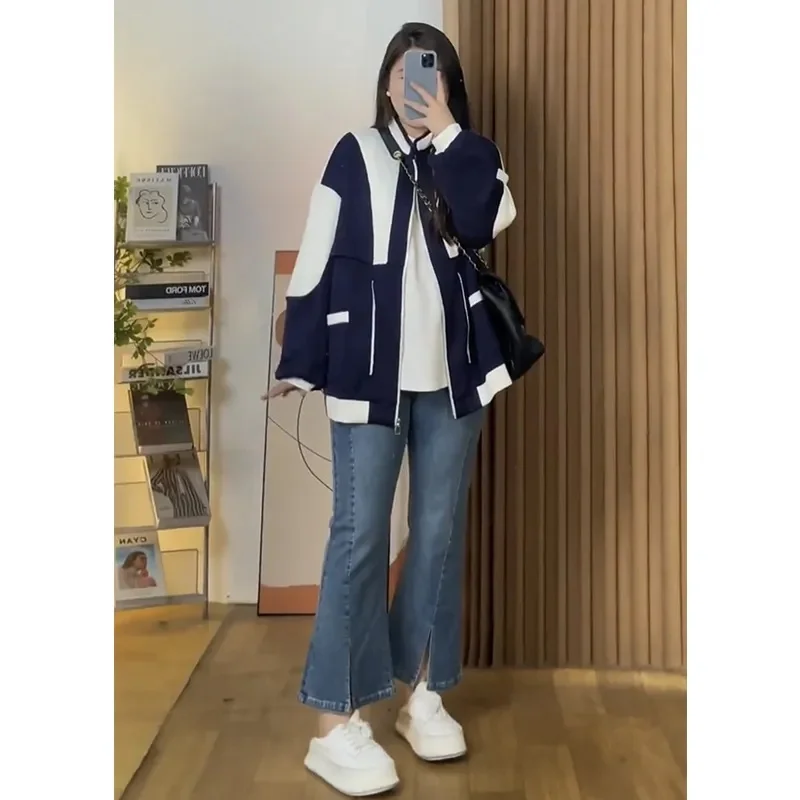 300 Pounds Fat mm American Retro Color Patchwork Loose Baseball Clothes 2023 Spring and Autumn New Coat Coat Female Commuter