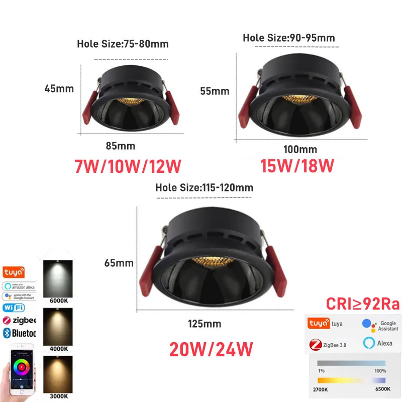 Recessed Zigbee Dimming 220V 7W 15W 24W LED Downlights For Kitchen LED Ceiling Spot Lights Honeycomb Room Light Lamps For Bedroom led downlight recessed ceiling spotlight ceiling lamps