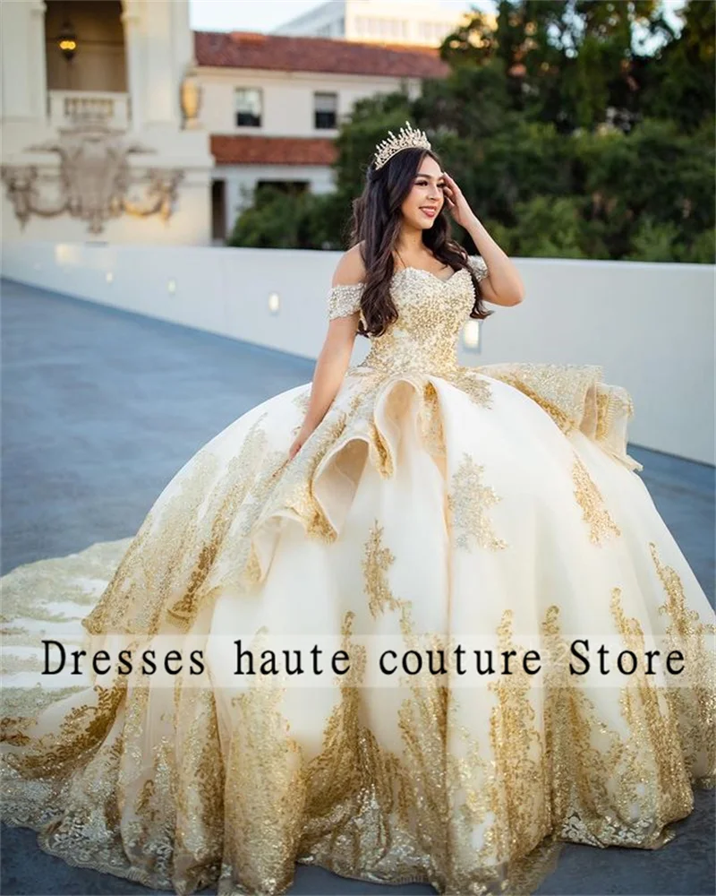 Luxury Gold Pearls Lace Quinceanera Dresses Off Shoulder Ball Gown Corset Birthday Party Dress Vestidos De 15 Quincea&ntilde;era