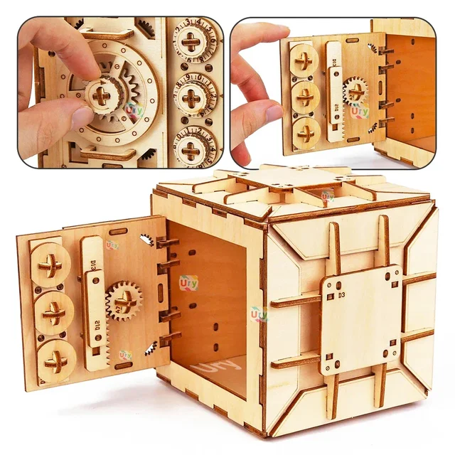 URY 3D Wooden Puzzle Password Treasure Money Box Piggy Bank DIY Advanced Assembly Model Toys Creative Gift for Lady Girls 4