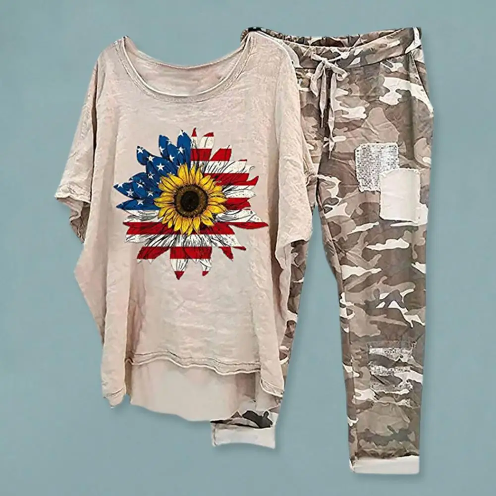 

Женский легкий костюм с цветочным камуфляжным принтом, Женский комплект из топа и брюк с асимметричным подолом и короткими рукавами, кулиска для дам