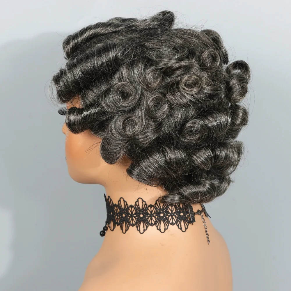 210% 로즈 컬리 픽시컷 가발, 솔트 앤 페퍼 그레이 컬리 가발, 짧은 픽시컷 가발, 인모, 자연스러운 헤어라인, 그레이 가발