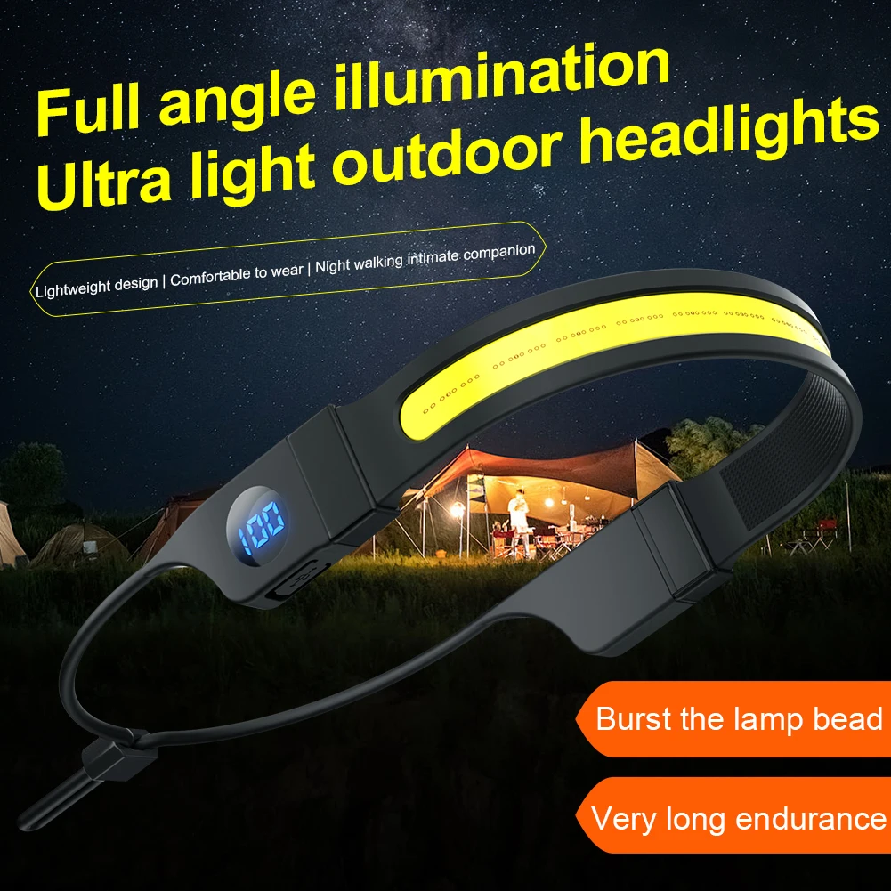 LED + COB 헤드램프, USB 충전식 헤드 손전등, 디지털 전원 디스플레이, 캠핑 개 산책 낚시 하이킹용, 3 가지 모드