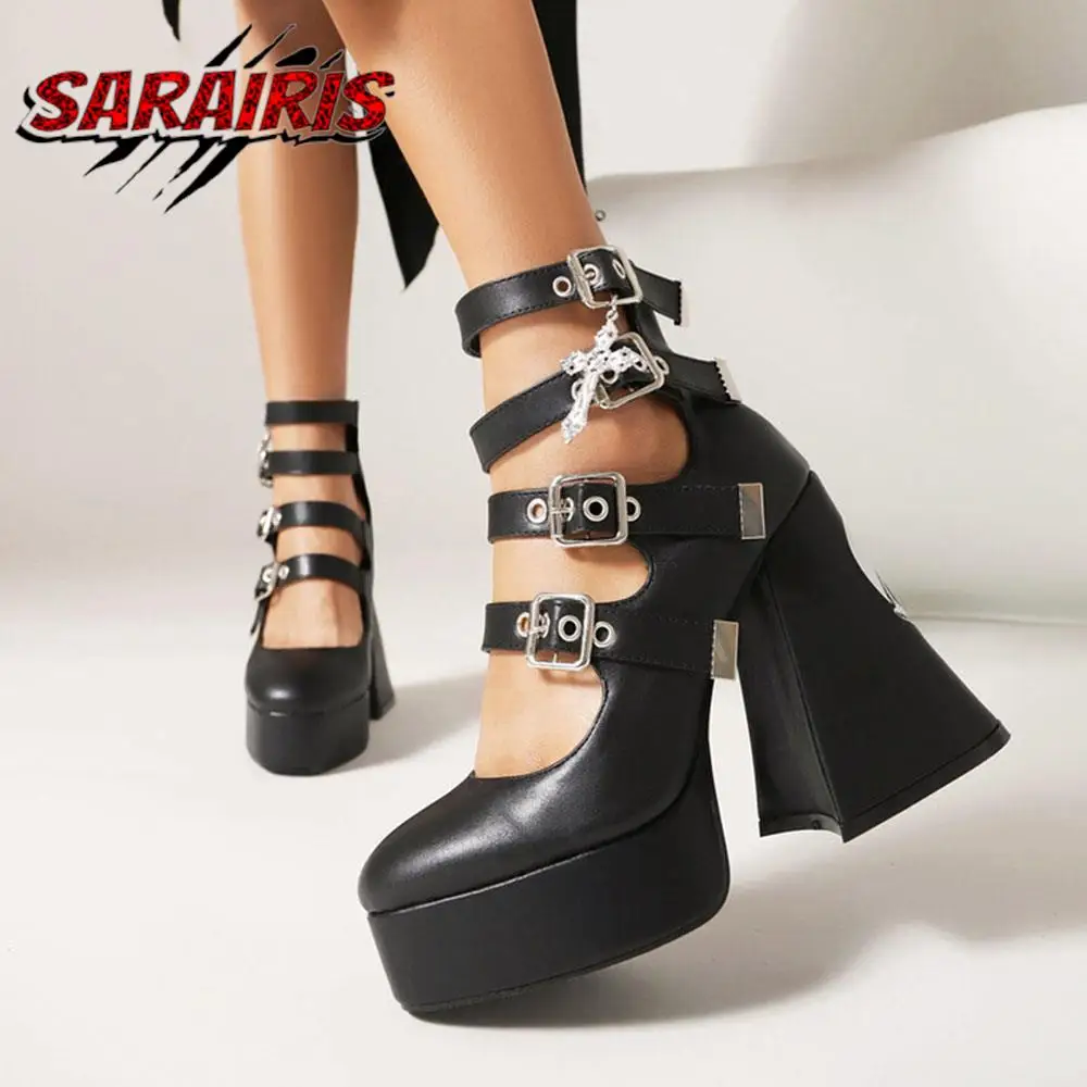 

Gothic Punk Mary Jans Girls Pumps Bat Buckle High Heels Platform Shoes Cosplay Cool Fashion Designer Brand Pumps Big Size 43