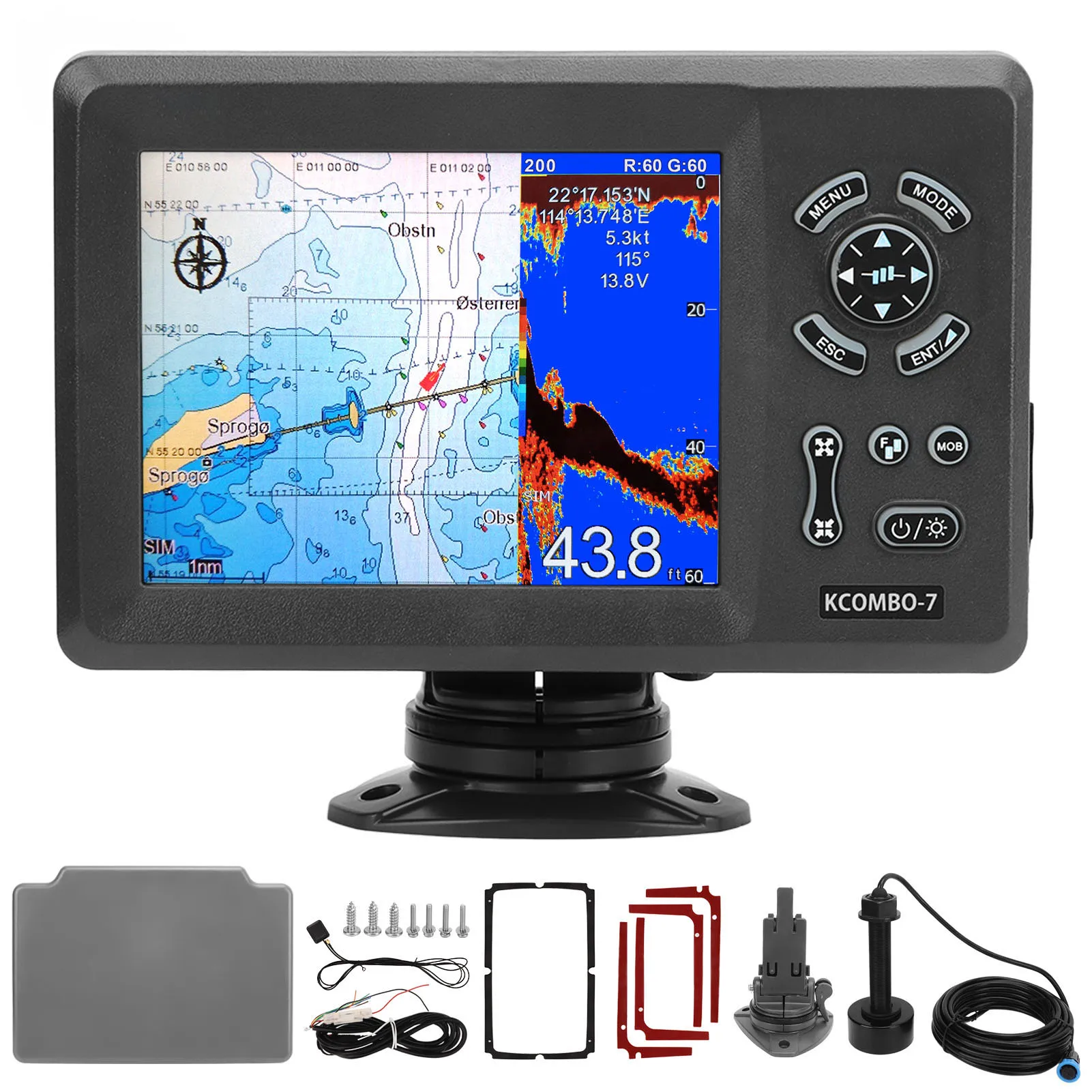 KCombo-7 7inch Marine GPS Fishfinder Combo Transducer Color LCD GPS Marine Plotter Combo with Fishfinder +FISH FINDER