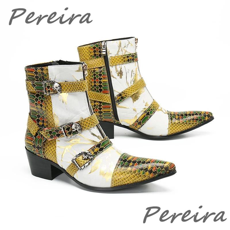

Pointed Toe Belt Buckle Men's Ankle Boots Snake Pattern Mixed Colors Short Boots Luxury Fashion High Heel Party Prom Dress Shoes
