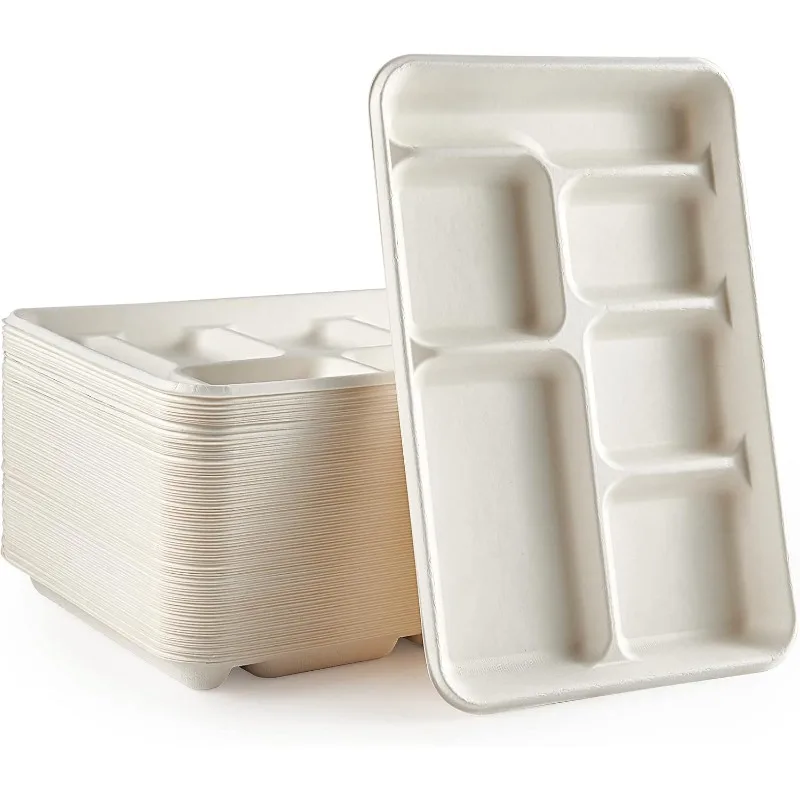 Compostable 6 Compartment Plates, 90 Pack Compartment Paper Plate, 12.5x8.6 inch Disposable School Lunch
