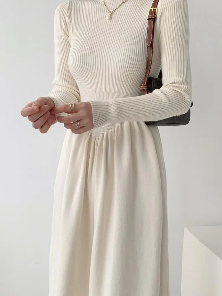 Autunno inverno solido sottile vestito lavorato a maglia donna moda coreana maglione manica lunga vestito femminile elegante pieghe abiti lunghi francesi 6