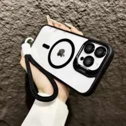 Premium Magnetic Case with Stand & Lanyard - Glass Lens Protector & Magsafe Compatible Cover for iP13Pro max (Black)