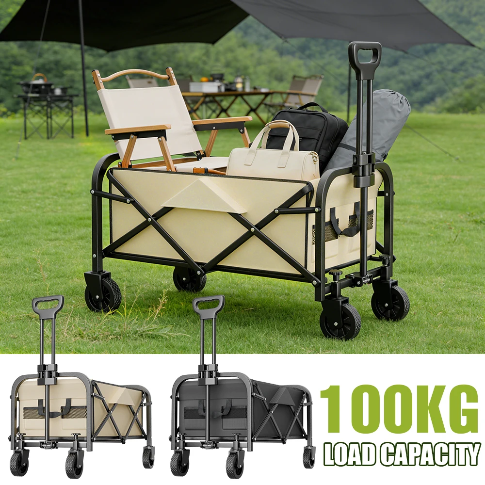 Outdoor Camping Trolley Foldable Wagons Carts with All-Terrain Wheels Utility Grocery Wagon Large Capacity Garden Cart Adjustable Handle