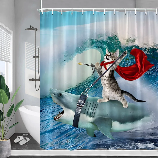 Funny Cat Riding Shark Shower Curtains Sea Waves Cute Animals Creative  Children Bath Curtain Polyester Bathroom Decor with Hooks - AliExpress